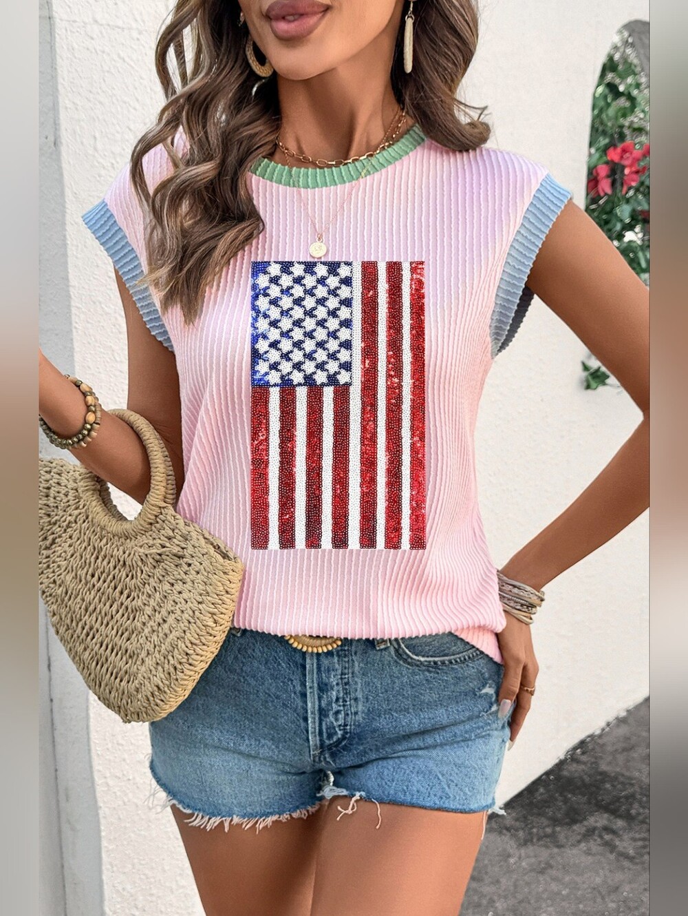 Pink Sleeveless Ribbed Tank with Sequin American Flag - Picture 3 of 10